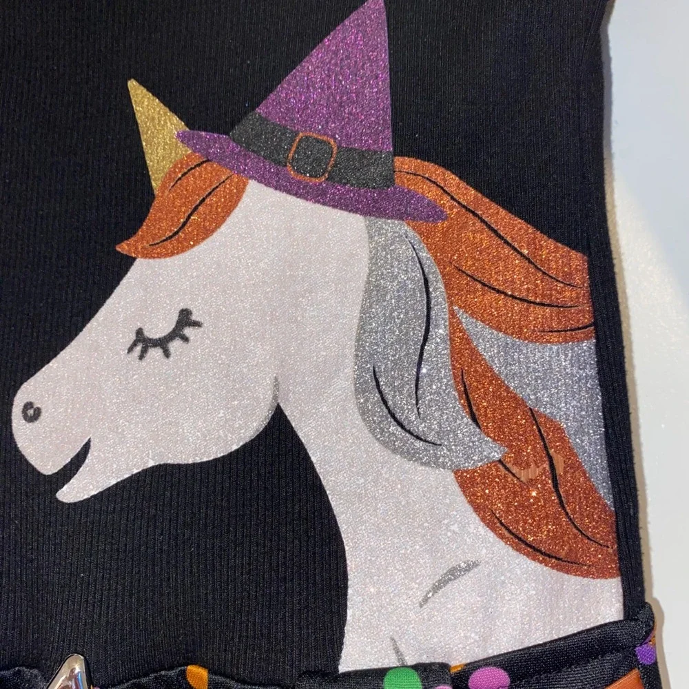 Girls 6x Halloween Dress Black Witch Unicorn Glitter Star Belt Polka Dot